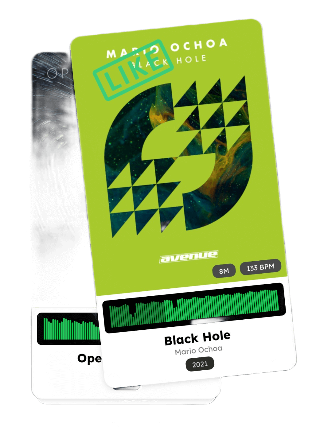 Swipe interface showing a liked track card